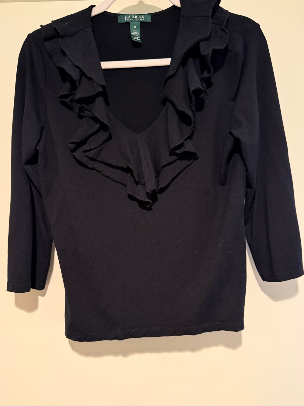 Lauren Ralph Lauren Black Ruffle Neckline 3/4 Sleeves Rayon Top, size M